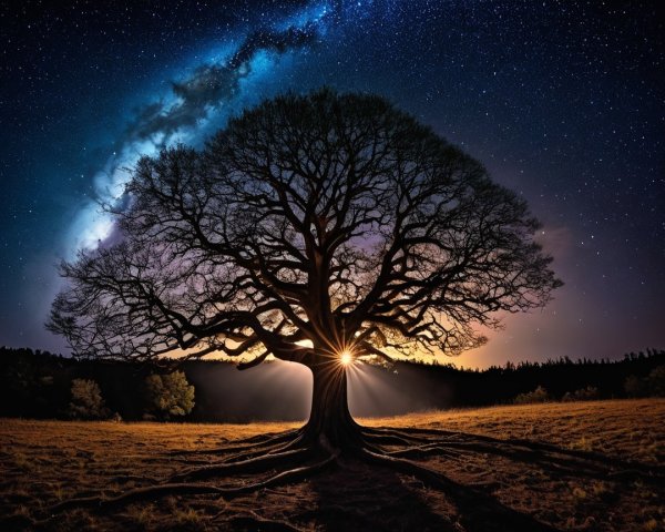 Majestic Tree Silhouetted Against Starry Sky
