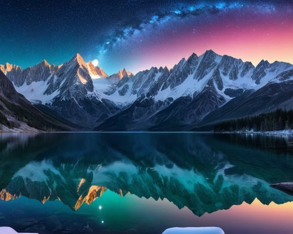 Mountain Landscape at Twilight with Stars and Lake