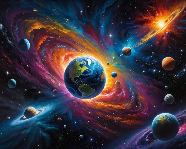 Vibrant Cosmic Scene with Galaxy and Earth Displayed