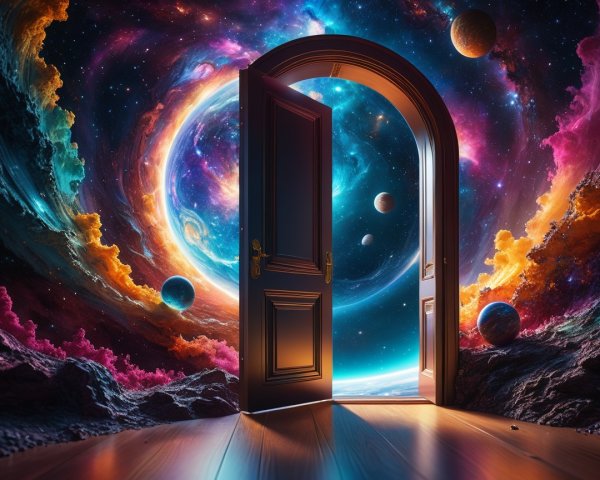 Wooden Door Open to Vibrant Cosmic Landscape