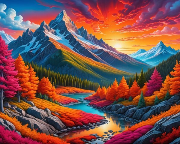 Vibrant Mountain Landscape at Sunset with Lush Forests