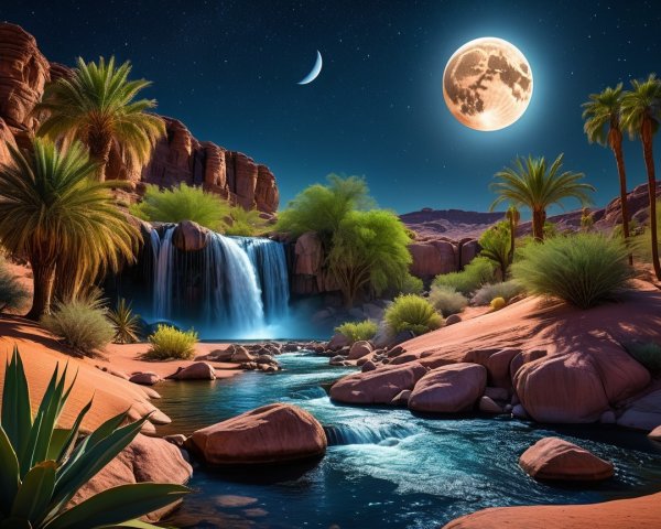 Desert Oasis with Waterfall and Moonlit Sky