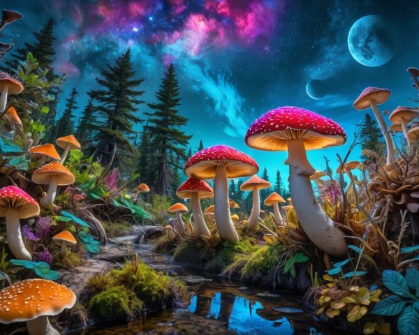 Vibrant Magical Forest with Colorful Mushrooms and Stream