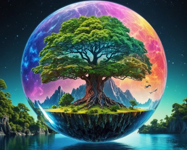 Majestic tree on a floating island with cosmic backdrop