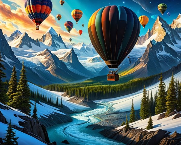 Colorful Hot Air Balloons Over Majestic Mountains