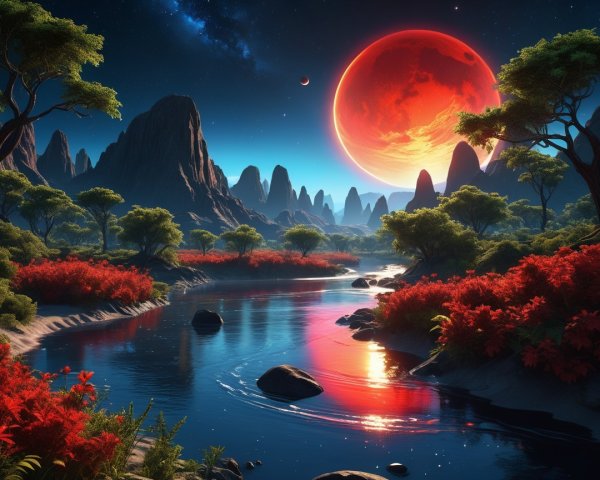 Alien Landscape with Mountains and Red Moon Reflection