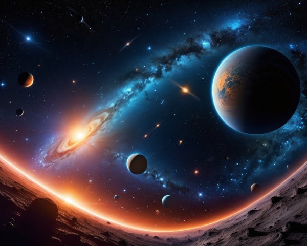 Vibrant Cosmic Scene with Swirling Galaxy and Planets