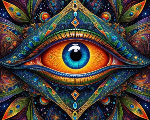 Vibrant Eye Surrounded by Psychedelic Patterns and Colors