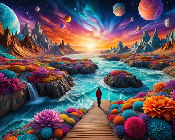 Surreal Landscape with Vibrant Flowers and Sunset