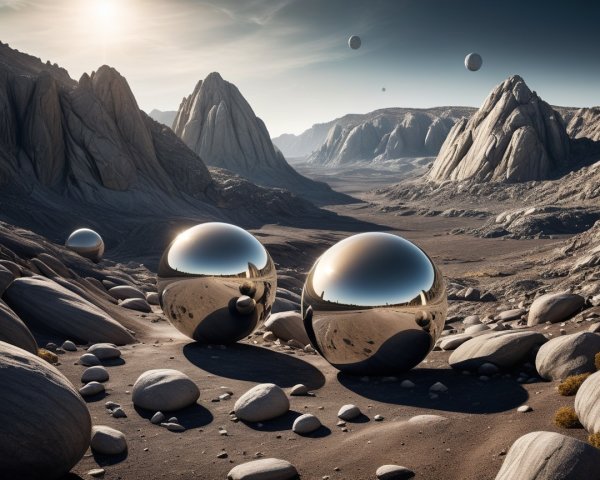 Surreal landscape with reflective spheres and mountains