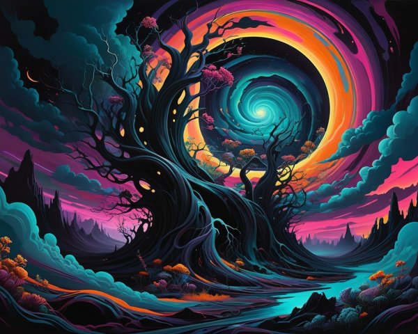 Surreal Landscape with Twisted Tree and Vivid Sky