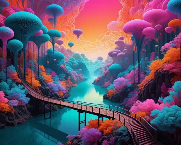 Surreal Landscape with Colorful Mushrooms and River