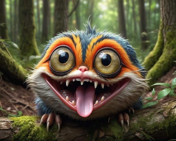 Whimsical Cartoon Creature in Lush Forest Setting