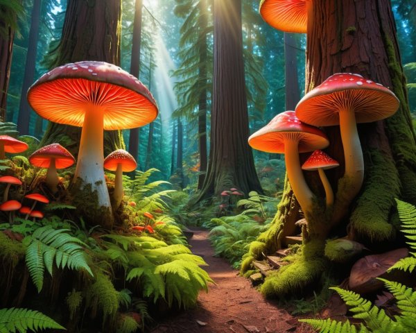 Magical forest scene with golden light and vibrant flora