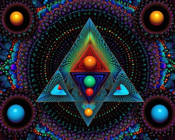 Vibrant Geometric Pattern with Triangular Prism and Circles