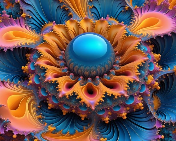 Vibrant Fractal Design with Glossy Blue Sphere Center