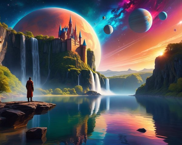 Majestic Castle and Waterfalls in a Cosmic Landscape