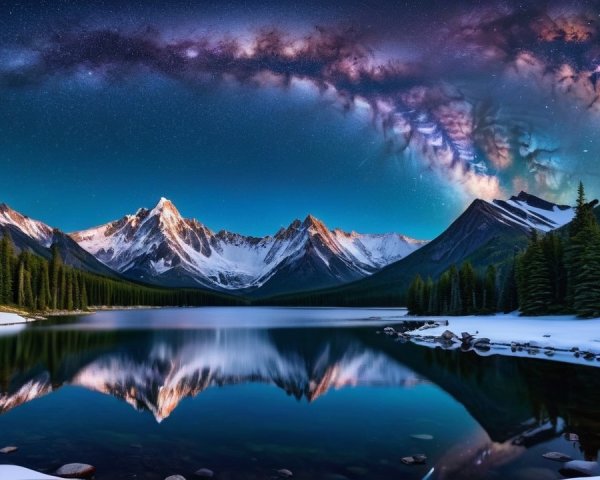 Serene lake with snow-capped mountains and Milky Way