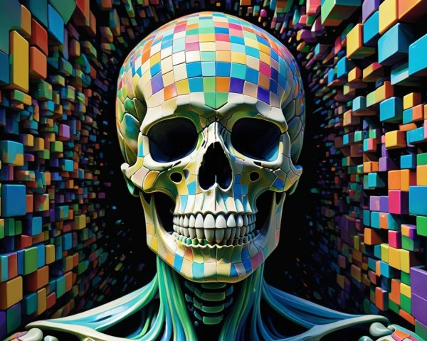 Vibrant Skull with Mosaic Patterns and Geometric Background