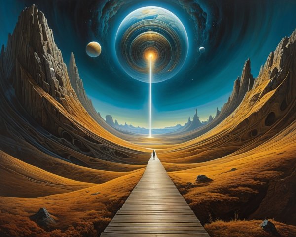 Surreal Landscape with Towering Mountains and Light Beam
