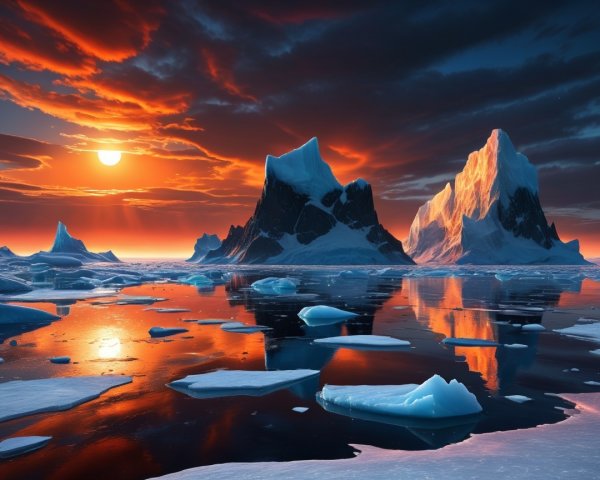 Polar Sunset with Icebergs and Calm Waters