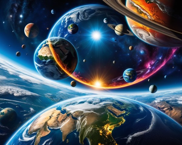 Vibrant Cosmic Scene with Unique Planets and Earth