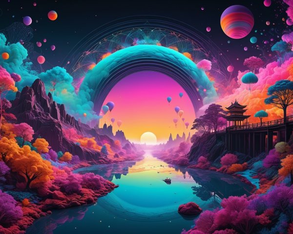 Surreal Landscape with Mountains and Colorful Trees