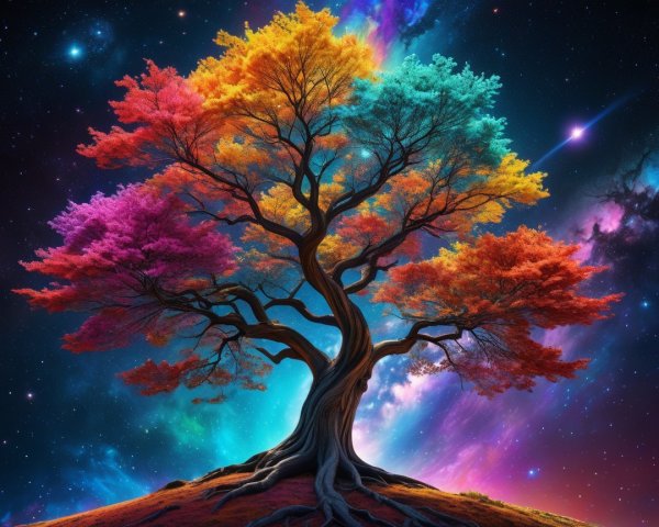 Majestic tree against vibrant cosmic backdrop with colors