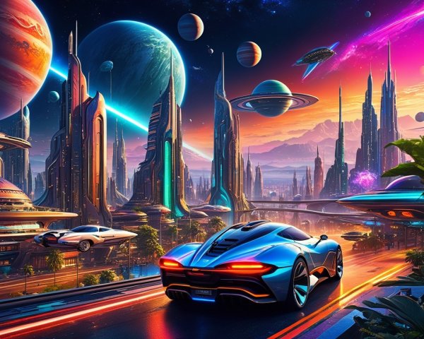 Futuristic Cityscape with Cosmic Sky and Skyscrapers