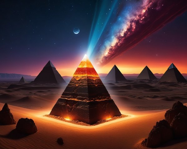 Surreal Landscape with Pyramids and Cosmic Galaxy