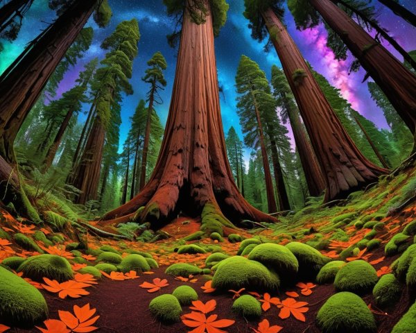 Vibrant forest scene with redwoods and Milky Way sky