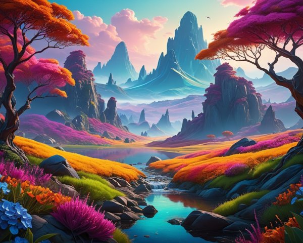 Vibrant Landscape with Colorful Flowers and Mountains