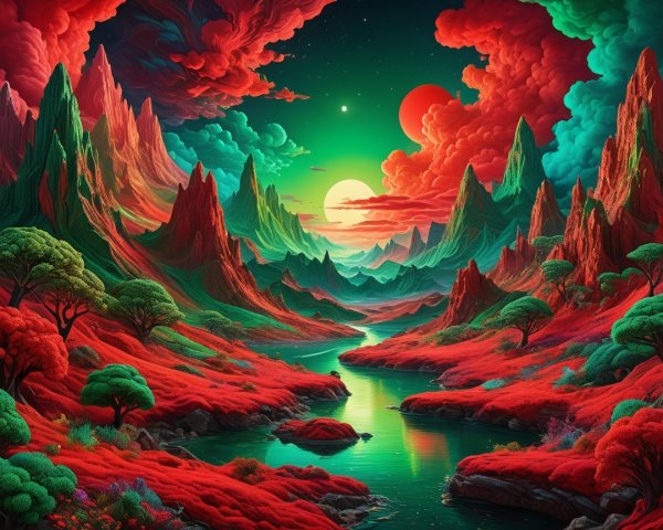 Surreal Landscape with Colorful Mountains and River