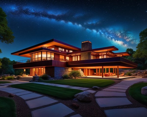 Modern House with Stone and Wood Under Starry Sky