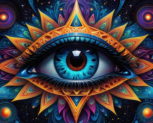 Surreal Eye Surrounded by Vibrant Patterns and Colors