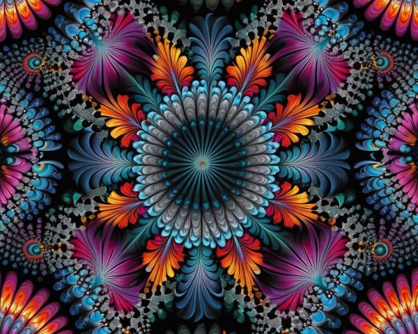 Symmetrical Fractal Flower Pattern on Black Background