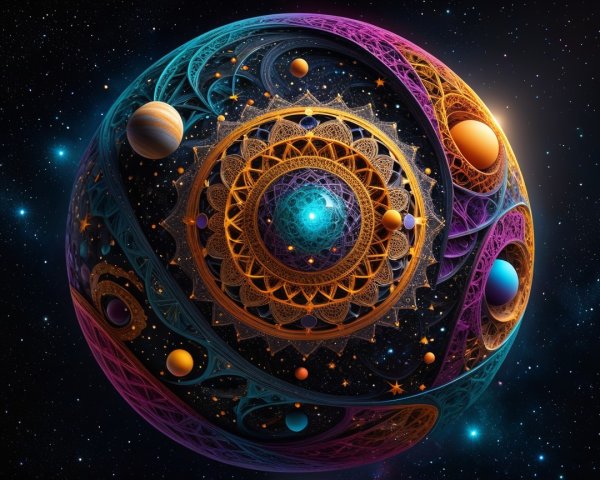 Intricate Cosmic Sphere with Vibrant Patterns and Planets