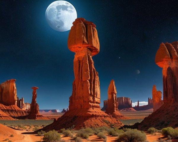 Otherworldly Landscape with Red Rock Formations and Moon