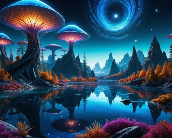 Luminescent Mushrooms and Mountains Under Night Sky