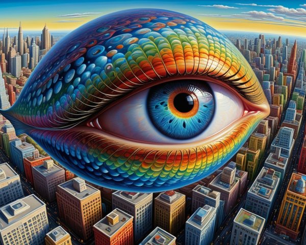 Surreal Giant Eye Above Vibrant Cityscape at Sunset