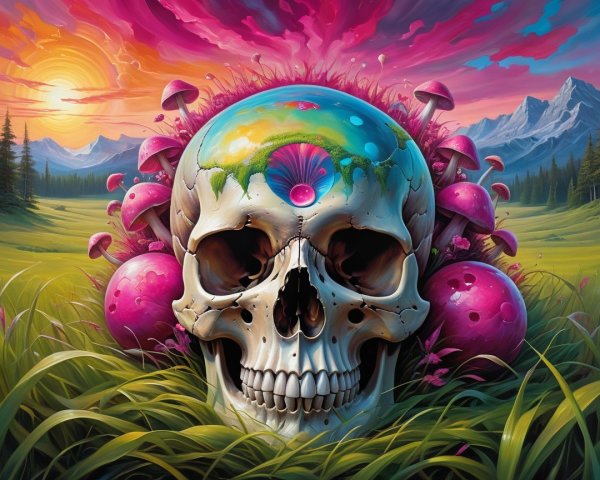 Vibrant Landscape with Skull and Psychedelic Mushrooms