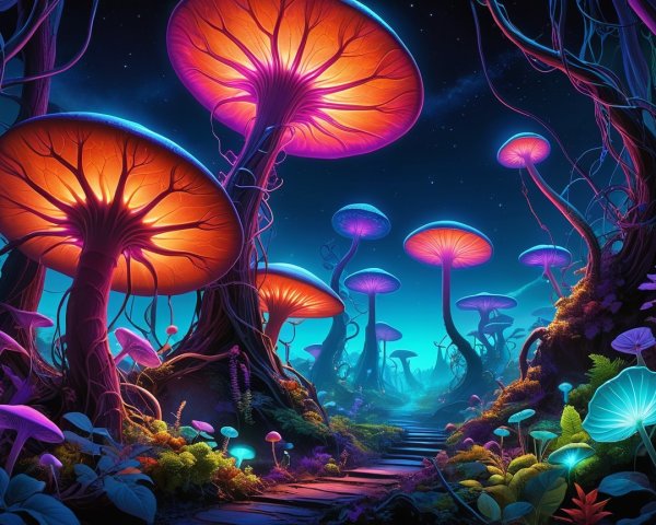 Vibrant Glowing Mushrooms in Enchanted Landscape