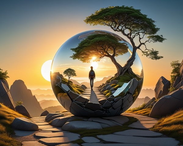 Lone Figure by Reflective Orb in Serene Landscape