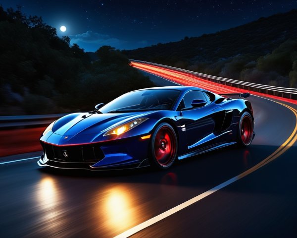 Sleek Blue Sports Car on Winding Road at Night