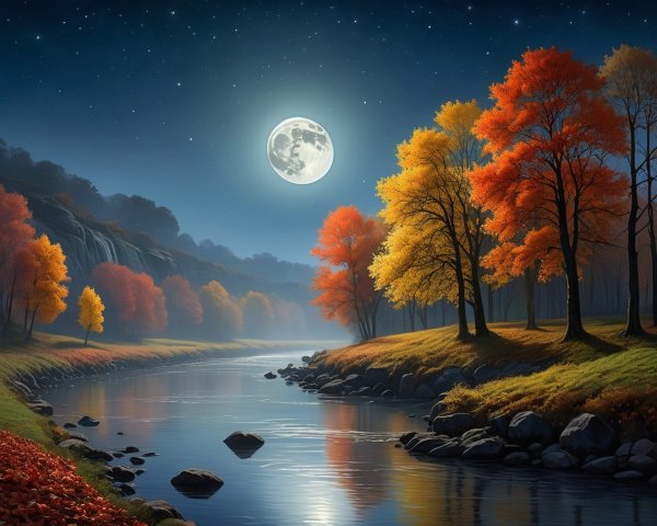 Serene Night Scene with Full Moon and Autumn Trees