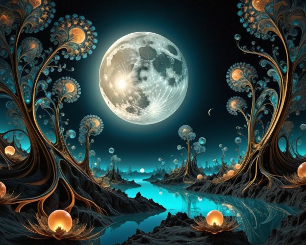 Surreal landscape with glowing trees and full moon