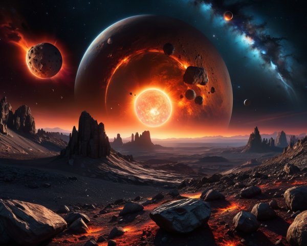 Cosmic Landscape with Fiery Sun and Rugged Terrain