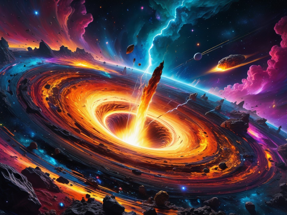 Vibrant Cosmic Scene with Black Hole and Nebulae