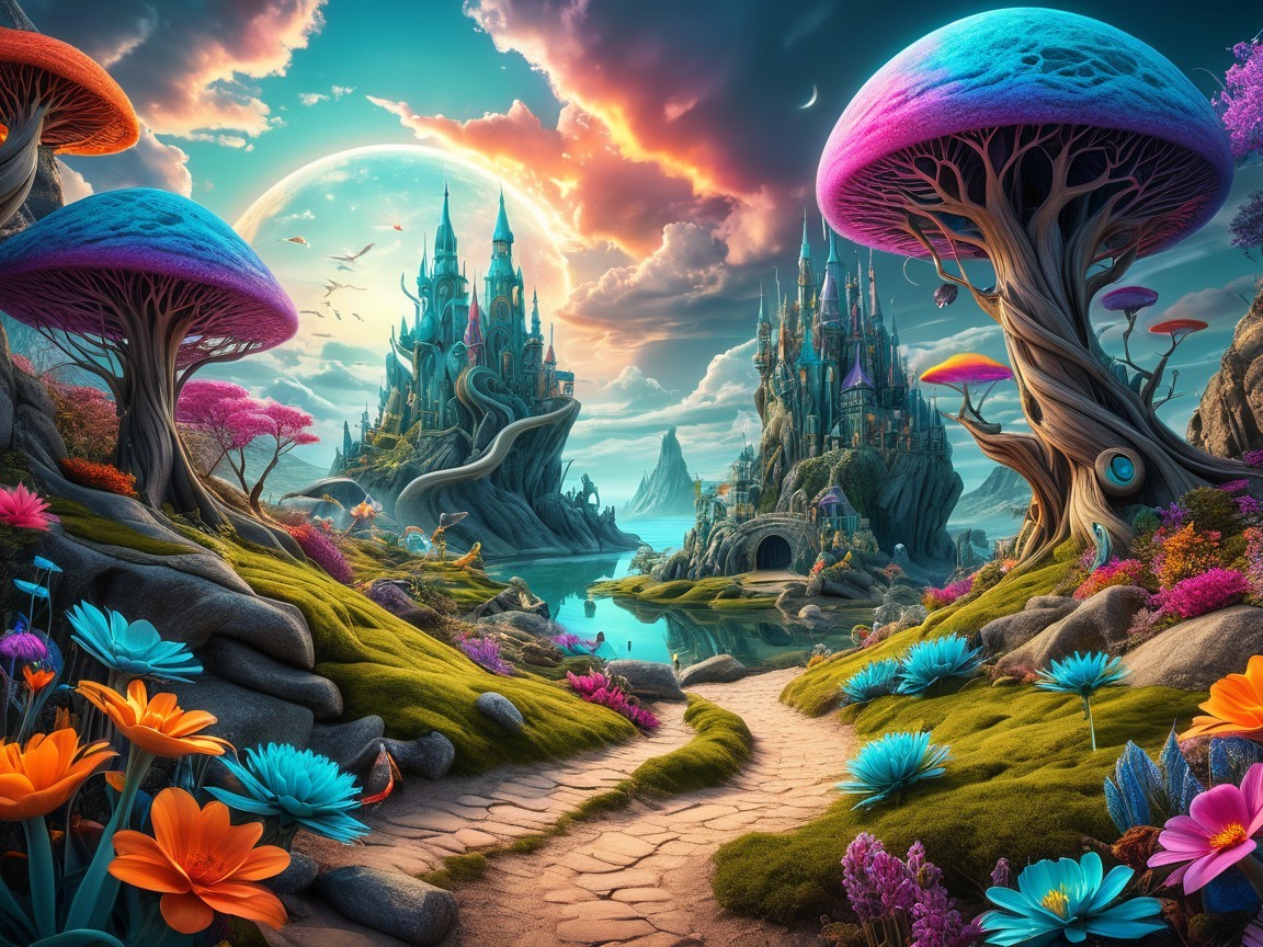 Whimsical landscape with vibrant oversized mushrooms