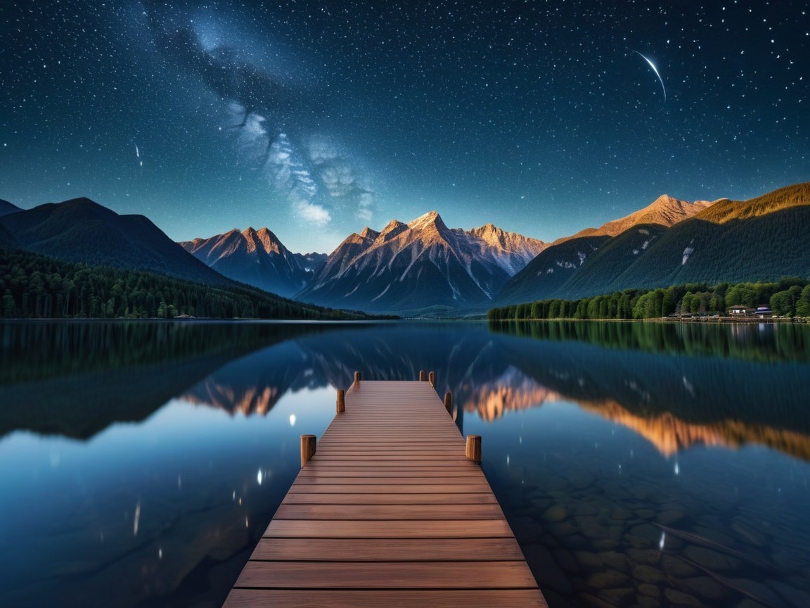 Twilight Lakeside Scene with Mountains and Starry Sky